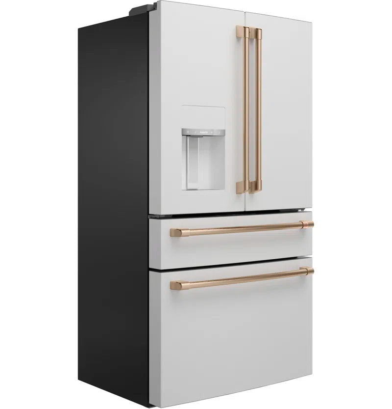 RoyalSavings French-door smart refrigerator with sleek stainless steel finish and digital control panel inside.