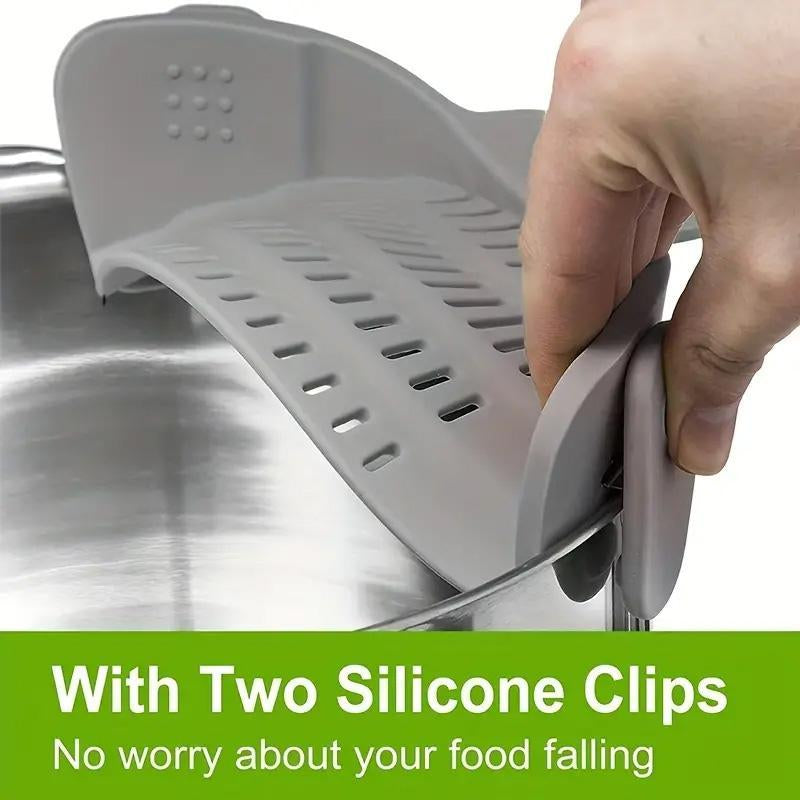 RoyalSavings silicone pot side pasta strainer clip, adjustable kitchen tool for draining pasta and other cookware, versatile kitchen accessory.