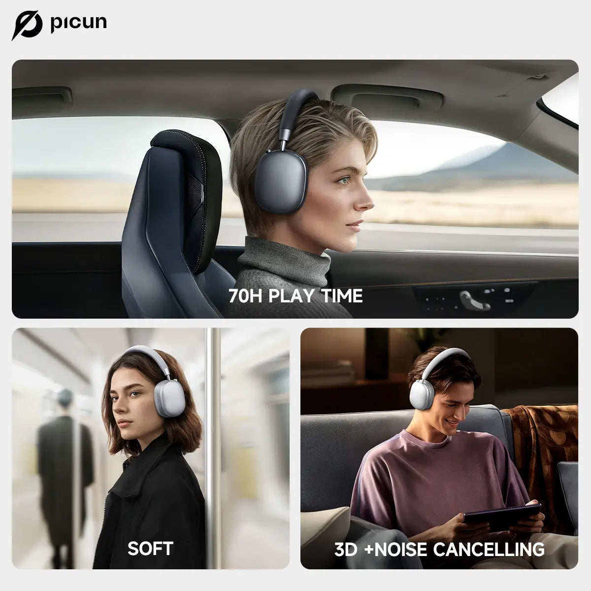 Picun F5 ANC wireless headphones with Bluetooth, over-ear design, black color, showing the sleek, comfortable ear cups and controls.