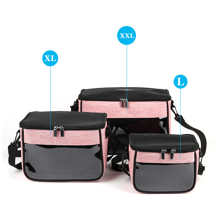 Golden crossbody pet bag for hamsters, compact hamster cage carrier with adjustable strap and breathable mesh for comfortable transport.