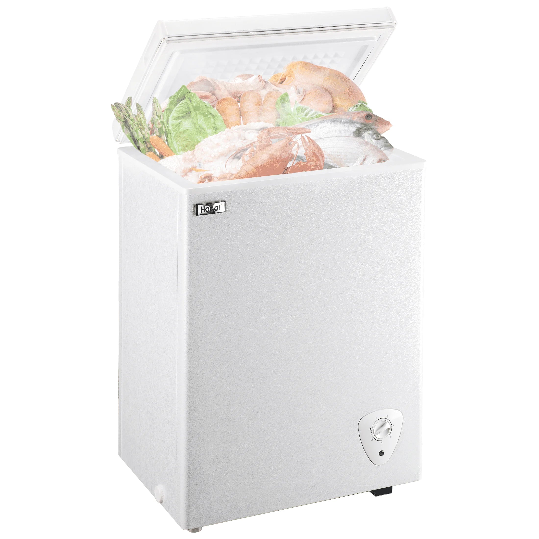 RoyalSavings 3.5 Cu.Ft white chest freezer with removable basket and deep freezer design, ideal for extra cold storage.