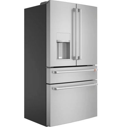 RoyalSavings French-door smart refrigerator with sleek stainless steel finish, digital display, and spacious interior.