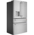 RoyalSavings French-door smart refrigerator with sleek stainless steel finish, digital display, and spacious interior.