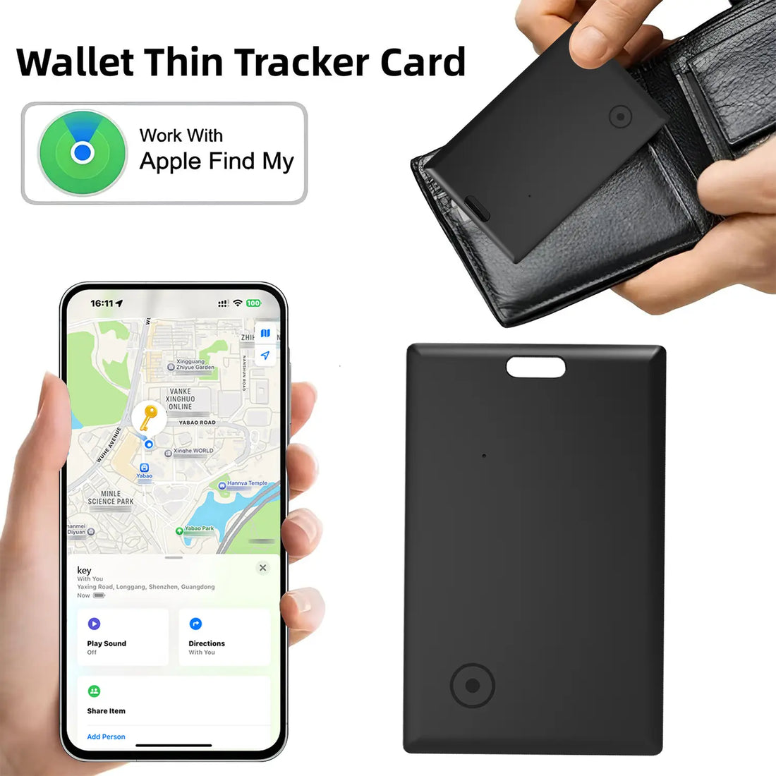 RoyalSavings Wallet Tracker Card for Apple Find My, ultra-thin Bluetooth item locator on a sleek black card.
