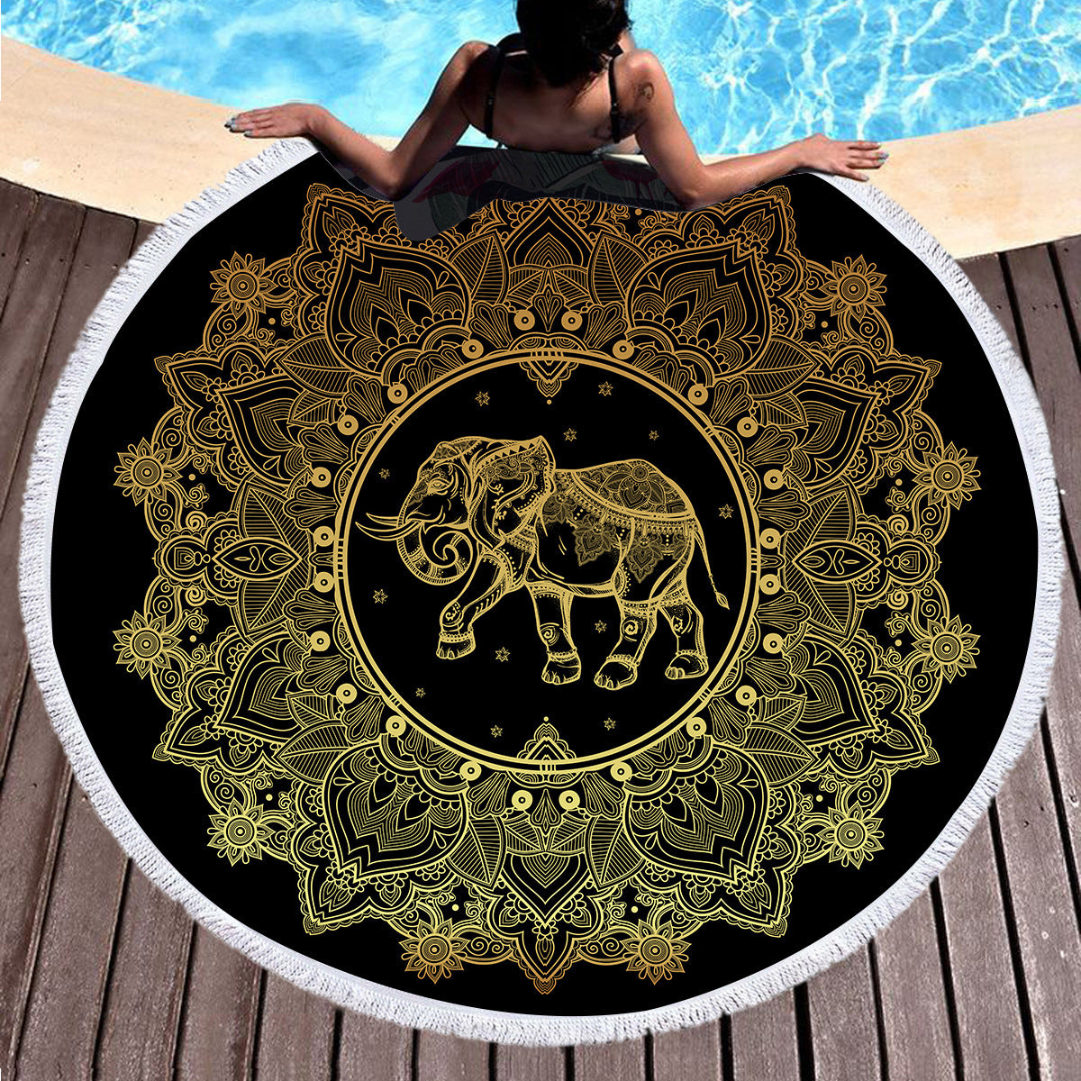 Golden microfiber beach towel with customizable design, soft fabric, and vibrant colors perfect for lounging at the beach.