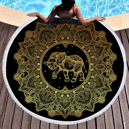 Golden microfiber beach towel with customizable design, soft fabric, and vibrant colors perfect for lounging at the beach.