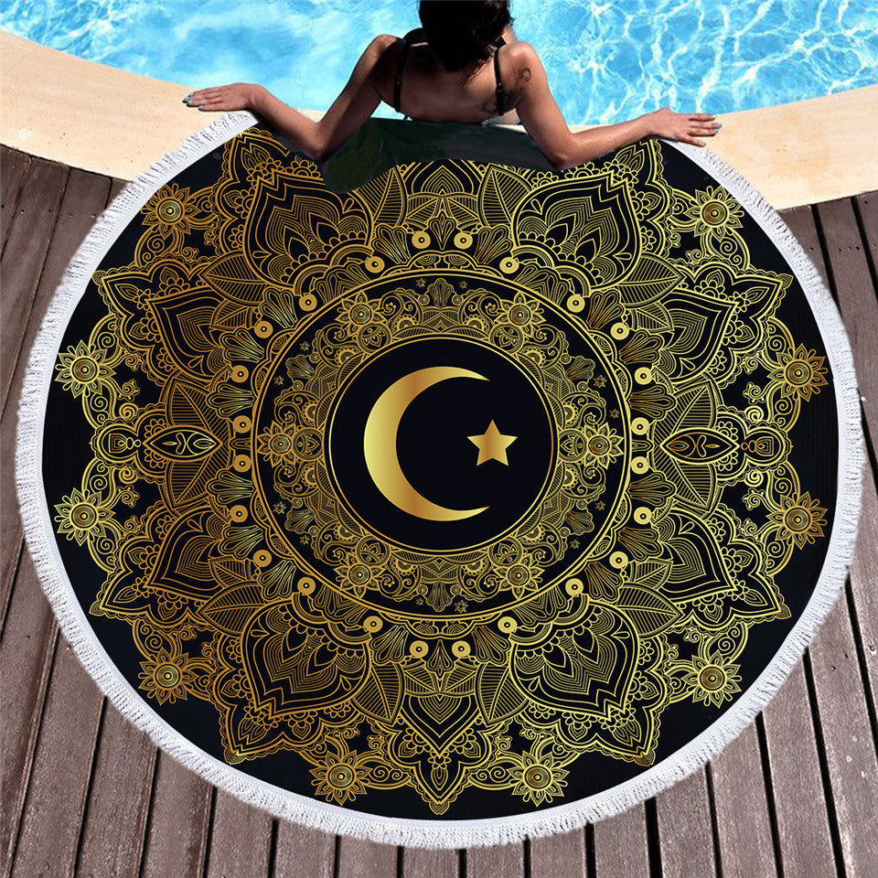Golden microfiber beach towel with customizable design, featuring vibrant colors and soft, absorbent fabric for beach or pool use.