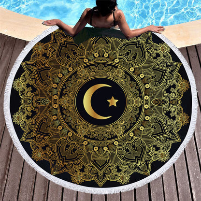 Golden microfiber beach towel with customizable design, featuring vibrant colors and soft, absorbent fabric for beach or pool use.