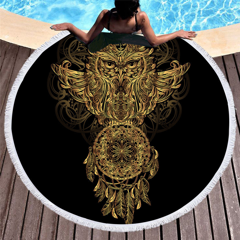Golden microfiber beach towel with customizable design, featuring vibrant colors and soft, absorbent fabric for beach and pool use.