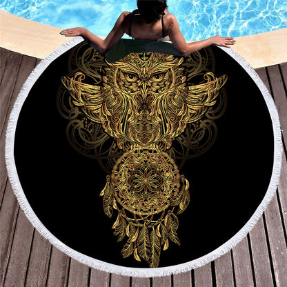 Golden microfiber beach towel with customizable design, featuring vibrant colors and soft, absorbent fabric for beach and pool use.