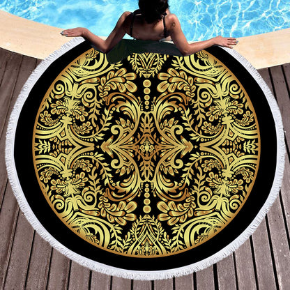 Golden microfiber beach towel with customizable design, featuring vibrant colors and soft, absorbent fabric for sunbathing and beach trips.