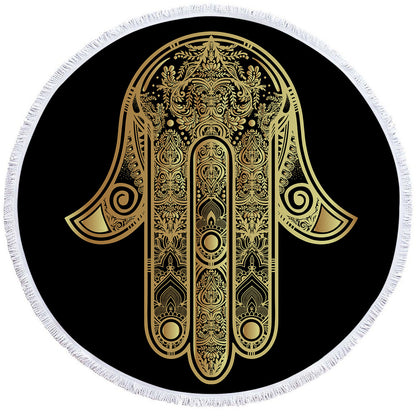 Golden microfiber beach towel with customizable design, featuring vibrant colors and soft, absorbent fabric for beach or pool use.