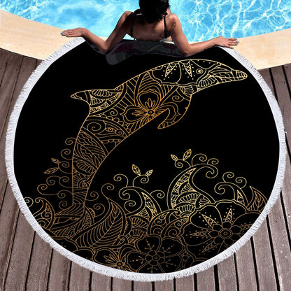 Golden microfiber beach towel with customizable design, featuring vibrant colors and soft, quick-drying fabric for beach and pool use.