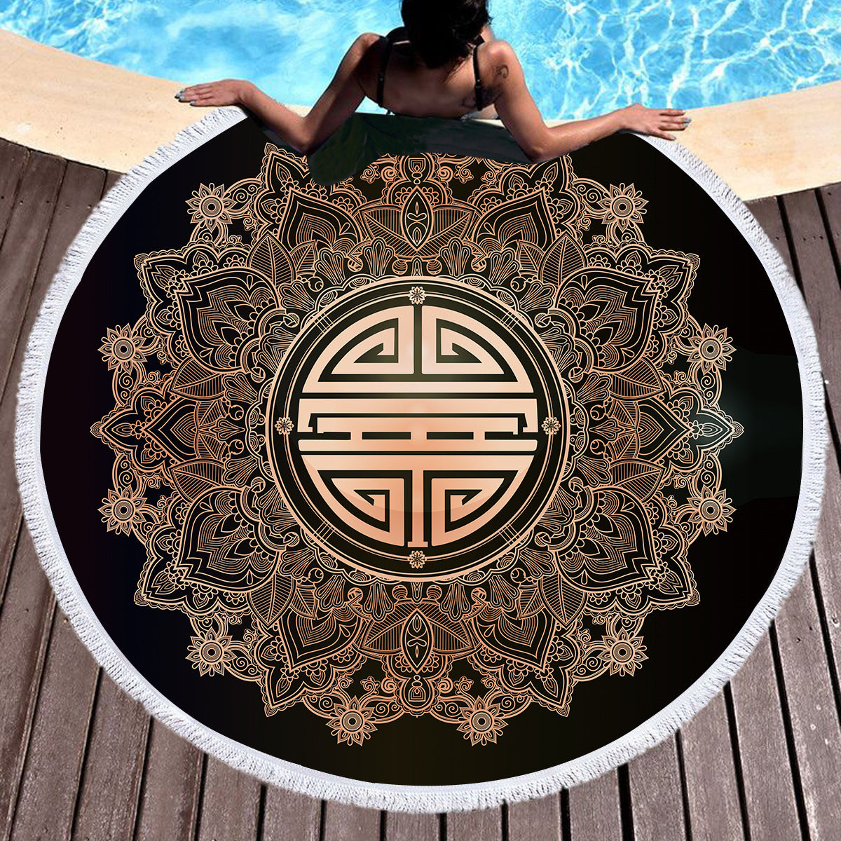 Golden microfiber beach towel with customizable design, soft and lightweight for sunbathing and beach trips.
