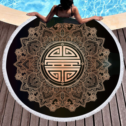 Golden microfiber beach towel with customizable design, soft and lightweight for sunbathing and beach trips.
