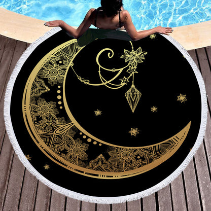 Golden microfiber beach towel with customizable design, soft and lightweight, perfect for sunbathing and beach outings.