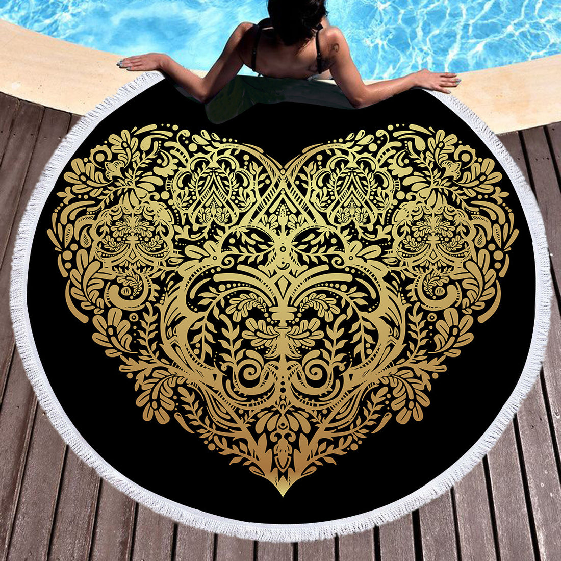 Golden branded microfiber beach towel with bronzing design, customizable for personalized beach accessories.