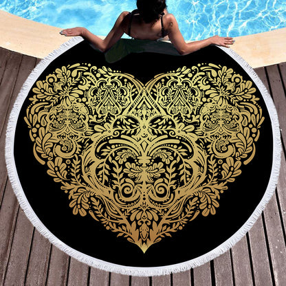 Golden microfiber beach towel with customizable design, featuring bright colors and soft, absorbent fabric for sunbathing.