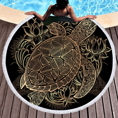 Golden microfiber beach towel with customizable design, featuring bright colors and soft, quick-drying fabric for beach use.