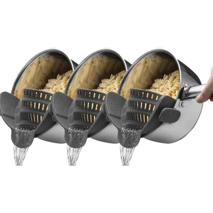 RoyalSavings silicone pot side pasta strainer with adjustable clip, kitchen gadget for draining pasta and cookware.