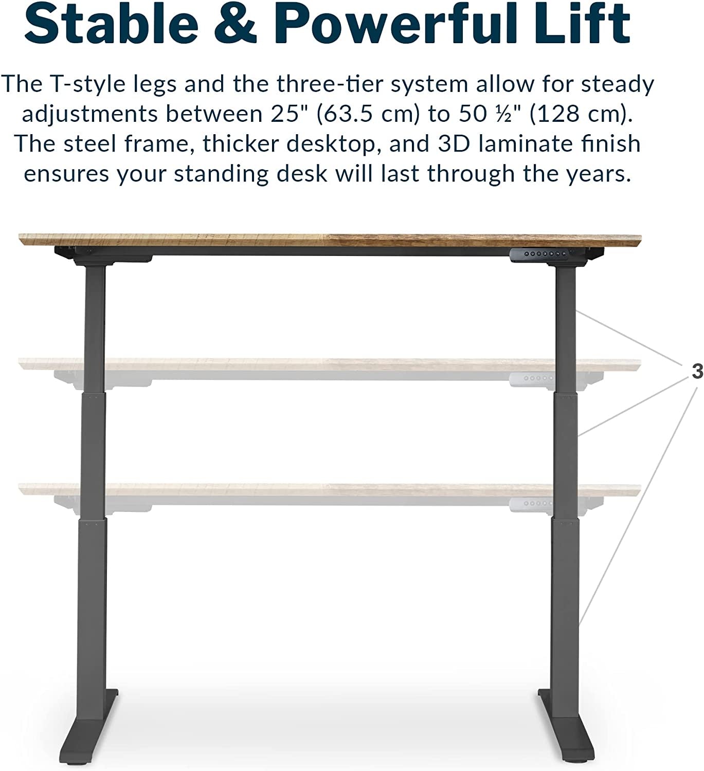 Electric standing desk by RoyalSavings with dual motors and adjustable height, shown in a modern office setting.