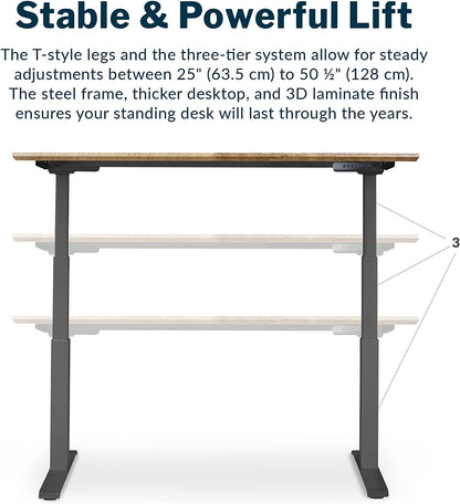 Electric standing desk by RoyalSavings with dual motors and adjustable height, shown in a modern office setting.