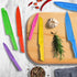 Colorful RoyalSavings kitchen knife set with six sharp knives displayed on a countertop, ideal for versatile cooking tasks.