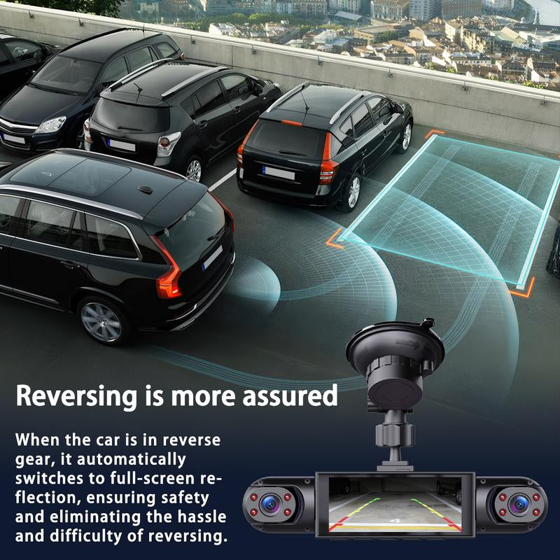 RoyalSavings 4-channel car dash cam with 1080P video, night vision, front, rear, side cameras, 64GB memory, parking mode, HD screen