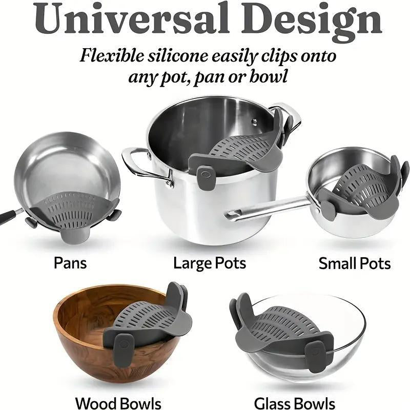 RoyalSavings silicone pot side pasta strainer clip, adjustable kitchen tool for draining pasta from pots and cookware.