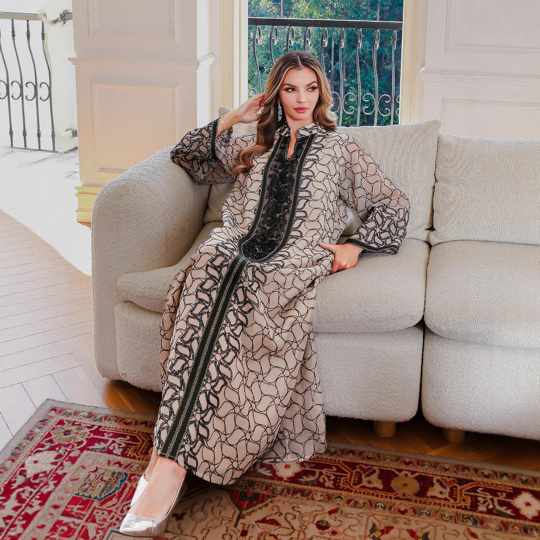 Golden Muslim female robe dress, Middle Eastern style, featuring modest design and elegant fabric, suitable for traditional attire.
