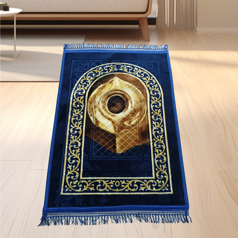 Golden thick flannel Qibla prayer mat with stain-resistant fabric, designed for comfortable and convenient Islamic prayer.