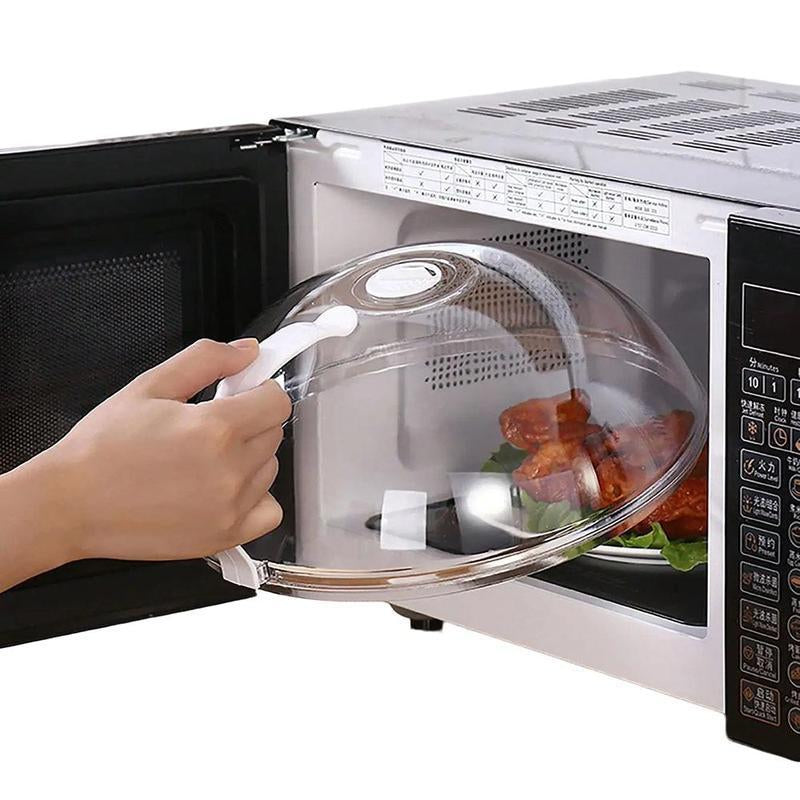 RoyalSavings microwave splatter cover with handle, reusable lid for food, modern kitchen utensil and accessory in use.