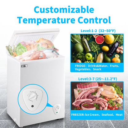 RoyalSavings 3.5 Cu.Ft white chest freezer with removable storage basket, deep freezer for versatile food storage.