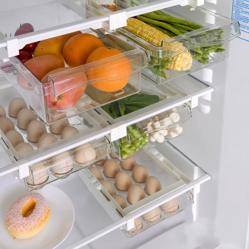RoyalSavings fridge drawer storage box for fruits, eggs, and vegetables, featuring clear compartments for organized fresh produce.