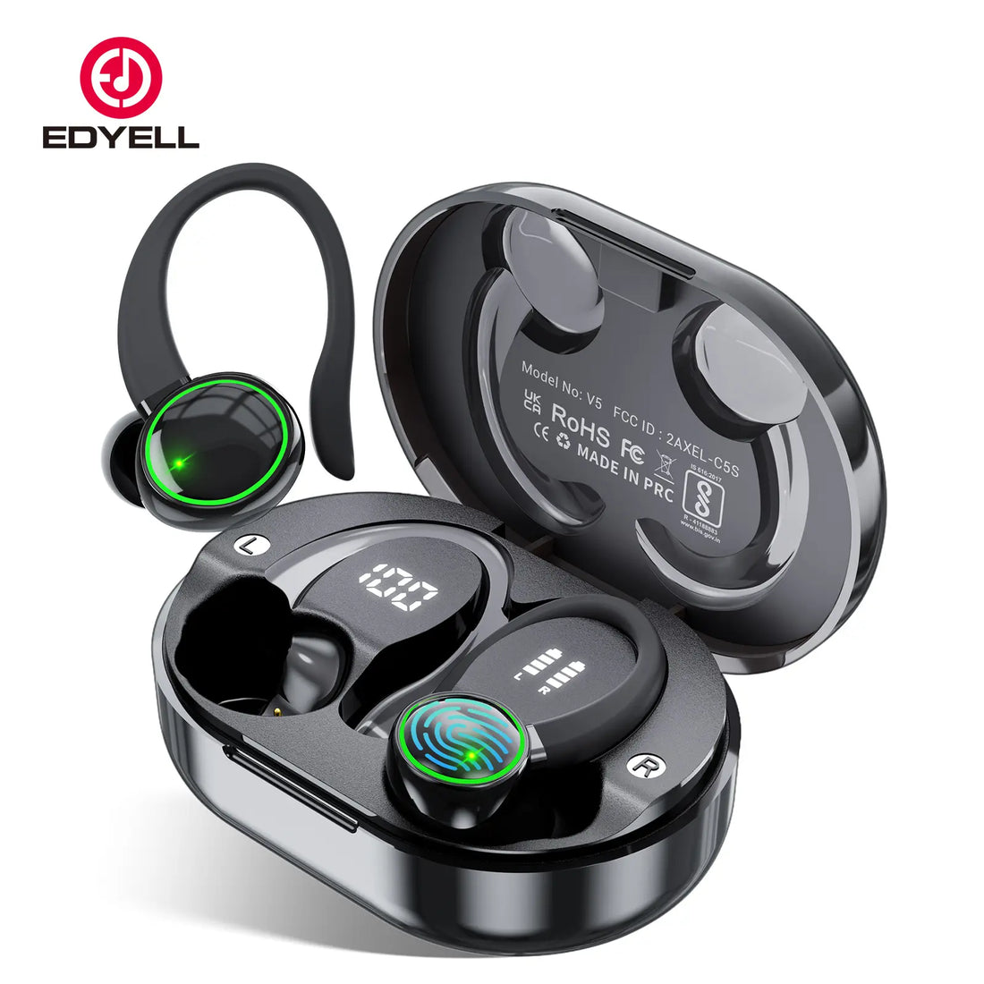 Wireless EDYELL C16 earbuds from RoyalSavings with Bluetooth 5.3, waterproof design, shown in a close-up image.