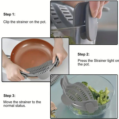 RoyalSavings silicone pot side pasta strainer with adjustable clip, kitchen gadget for draining pasta and cookware.