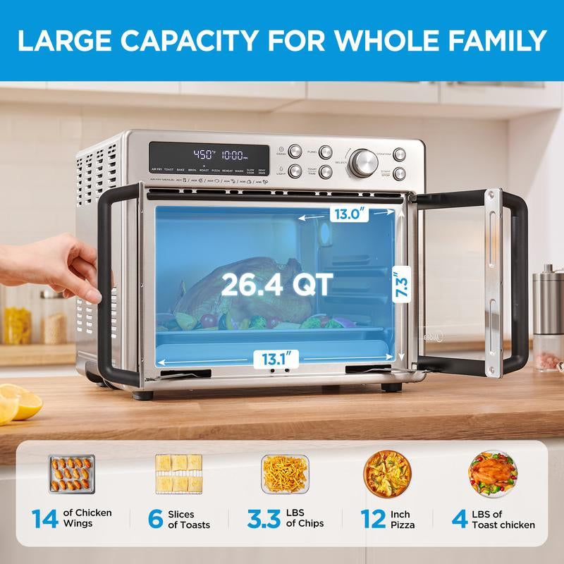 RoyalSavings Midea Flexify French Door Air Fryer Toaster Oven Combo with digital display, large interior, and convection fan.