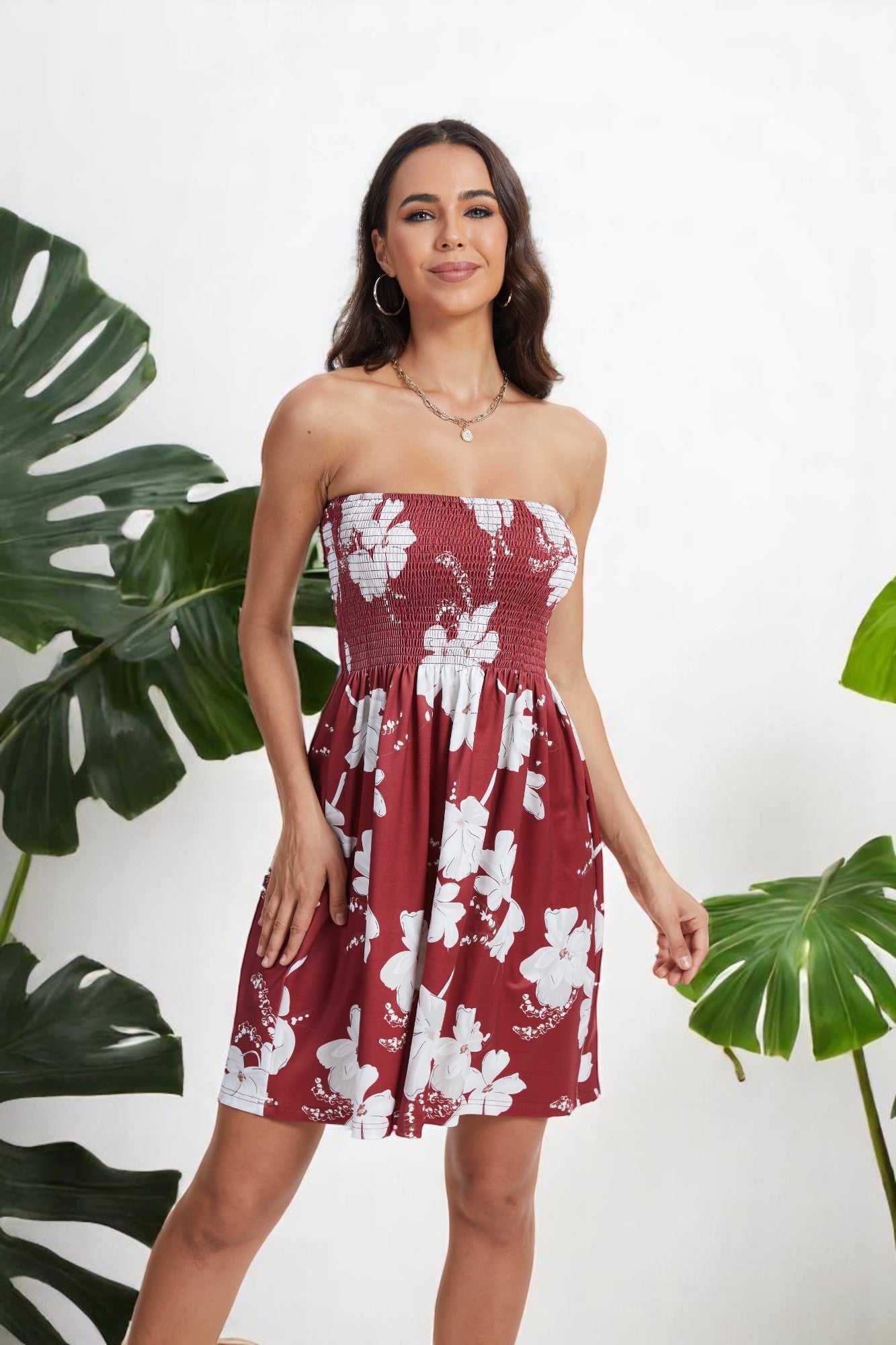 Red strapless boho summer dress for women, sleeveless smocked beach sundress, casual vacation style by Golden.