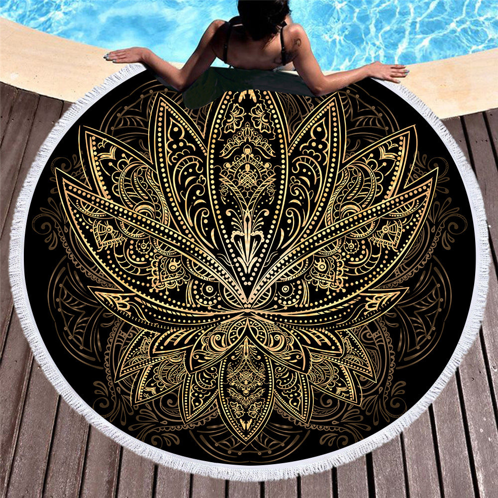 Golden Bronzing Microfiber Beach Towel with customizable design, featuring vibrant colors and lightweight, quick-drying fabric.