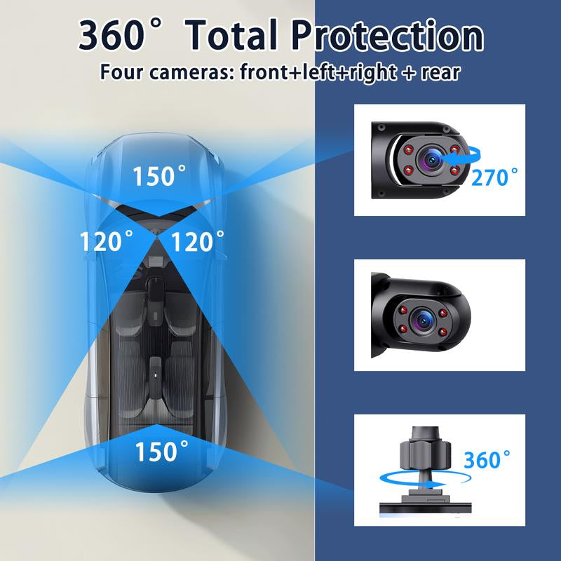 RoyalSavings 4-channel car dash cam with 1080P video, night vision, 64GB memory, front, rear, and side cameras, HD screen.