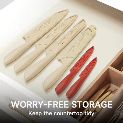 Colorful RoyalSavings 6-piece kitchen knife set with sharp blades, displayed on a wooden countertop in a modern kitchen.