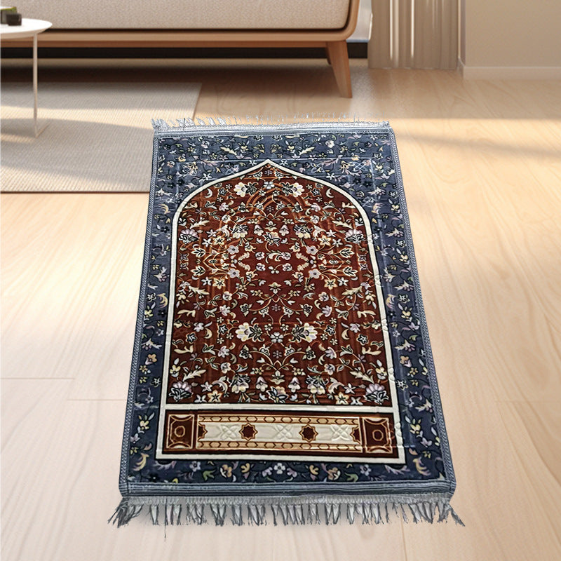 Golden thick flannel Qibla prayer mat with stain-resistant design, showing a soft, comfortable surface suitable for daily prayer.