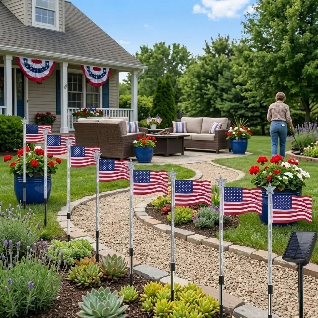 RoyalSavings 8-piece 4th of July solar flag lights set with red, white, blue lights, 8 lighting modes for garden or pathway decoration.