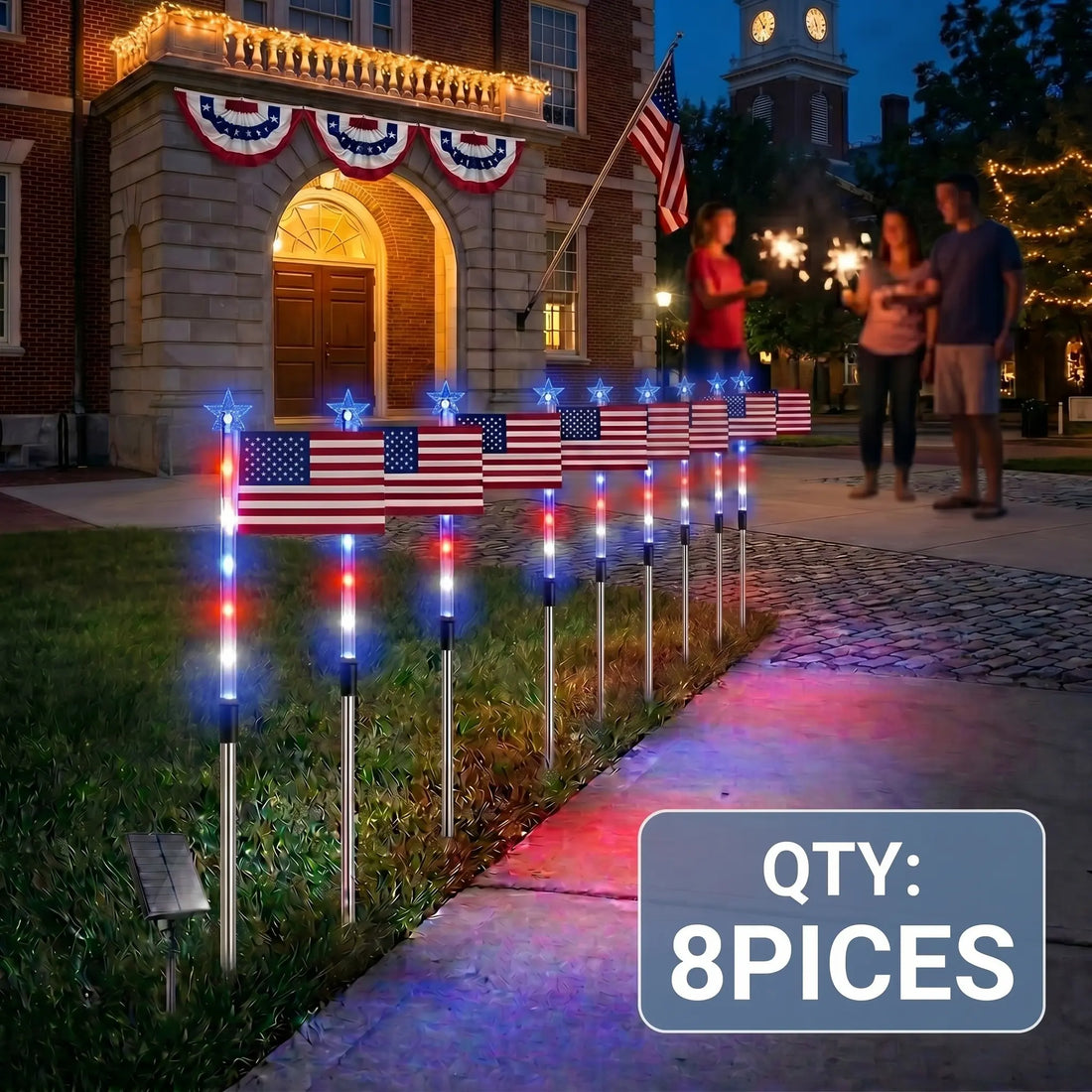 RoyalSavings 8-piece American flag solar lights set with red, white, and blue lights, ideal for 4th of July and Memorial Day outdoor decor