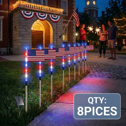 American flag solar lights 8-piece set by RoyalSavings, showing illuminated flag-shaped outdoor lights for patriotic decoration.