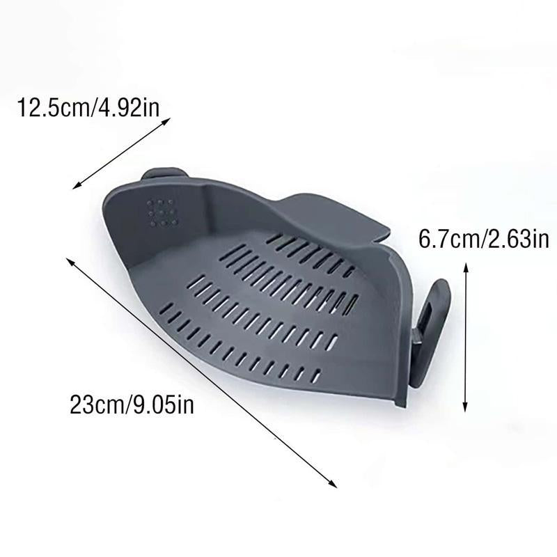RoyalSavings silicone pot side pasta strainer with adjustable clip, kitchen gadget for draining pasta and cookware.