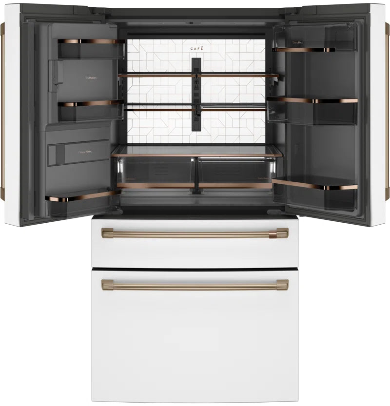 RoyalSavings French-door smart refrigerator with digital display and energy-efficient design, showing spacious interior and modern finish.