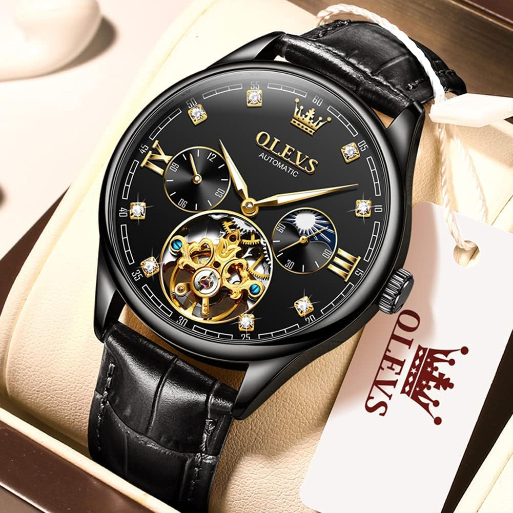 Dress Automatic Watch for Men Luxury Diamond Mechanical Self Winding Black Face Black Leather Strap Waterproof Luminous Men Wrist Watches