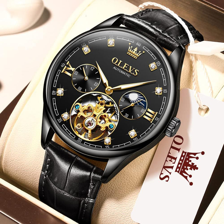 Dress Automatic Watch for Men Luxury Diamond Mechanical Self Winding Black Face Black Leather Strap Waterproof Luminous Men Wrist Watches