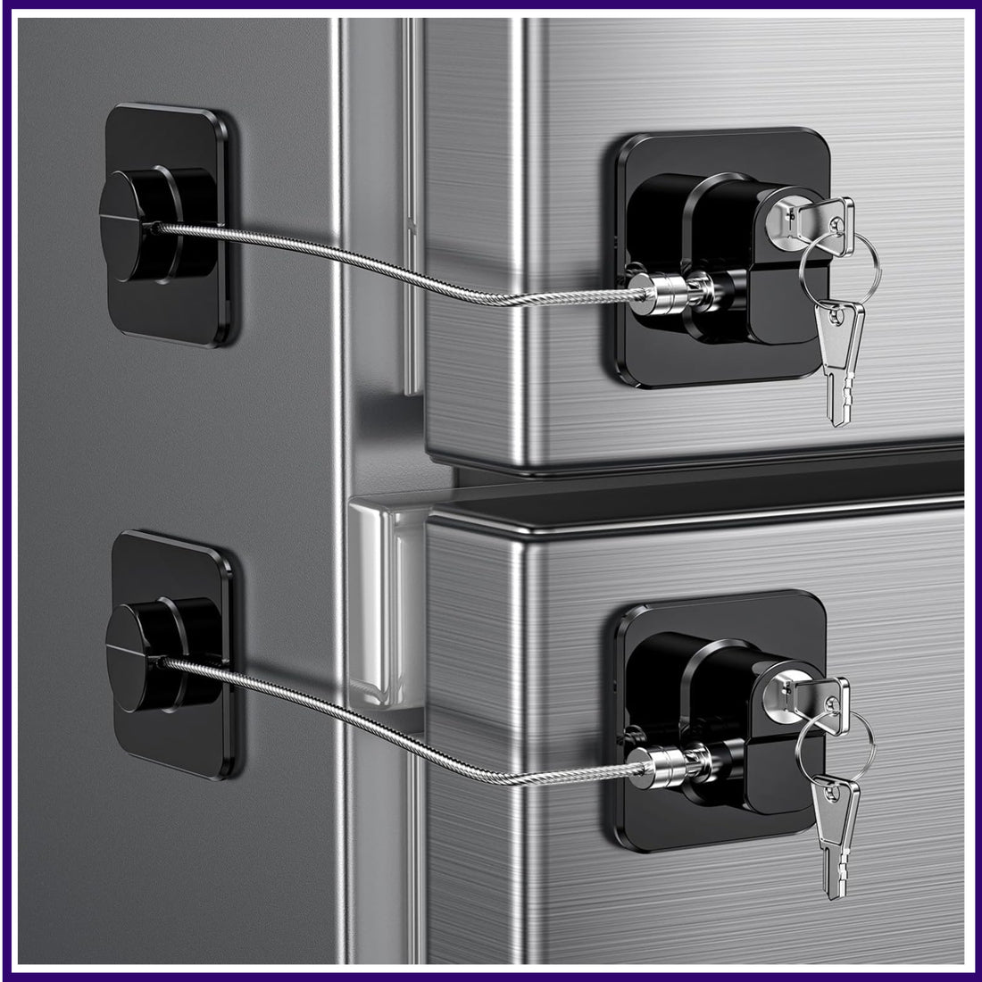 Two black refrigerator door locks from RoyalSavings, child-proof locks for fridges, freezers, and cabinets in a 2-pack.
